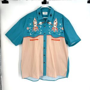 Boozelele Shirt Rocket Ship Retro Space Short Sleeve Button Up Blue Bowl Men 2XL